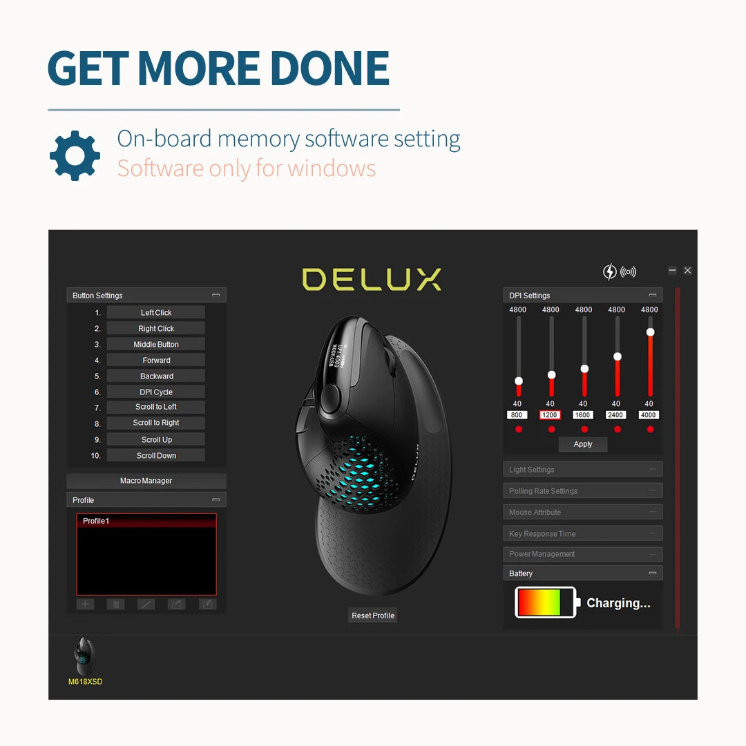 DELUX M618XSD Ergonomic Vertical Mouse with OLED Screen, 4000 DPI, Rechargeable 1000mAh Battery, Wireless & Wired Computer Mouse