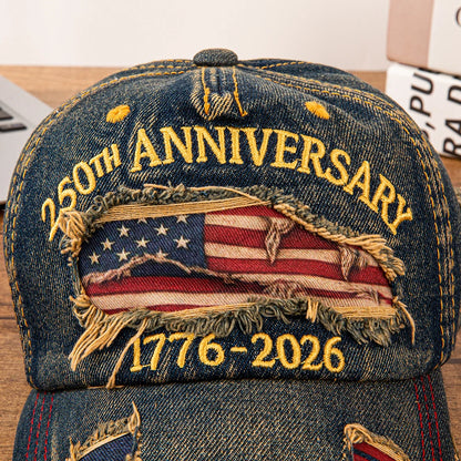 Vintage USA Flag 250th Anniversary 1776-2026 Distressed Denim Baseball Cap Adjustable Patriotic Dad Hat for Men Women