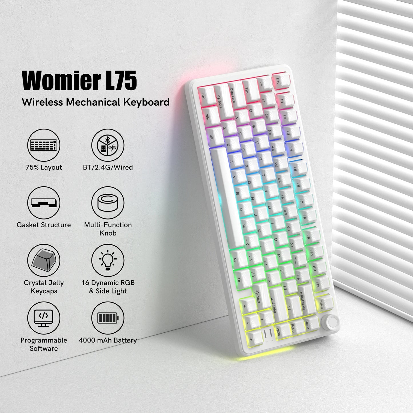 Womier L75 White Crystal Wireless Gaming Keyboard Tri-Modes Hot-Swappable Customized RGB Backlight Mechanical Keyboard Gasket