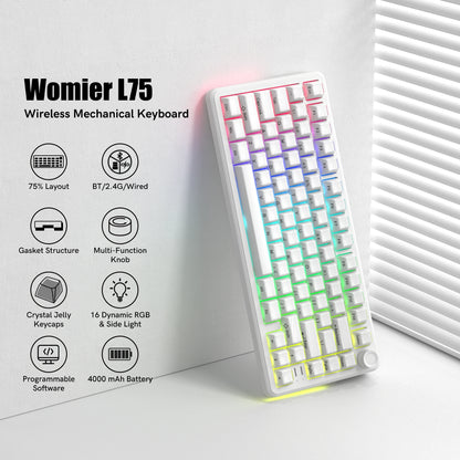 Womier L75 White Crystal Wireless Gaming Keyboard Tri-Modes Hot-Swappable Customized RGB Backlight Mechanical Keyboard Gasket
