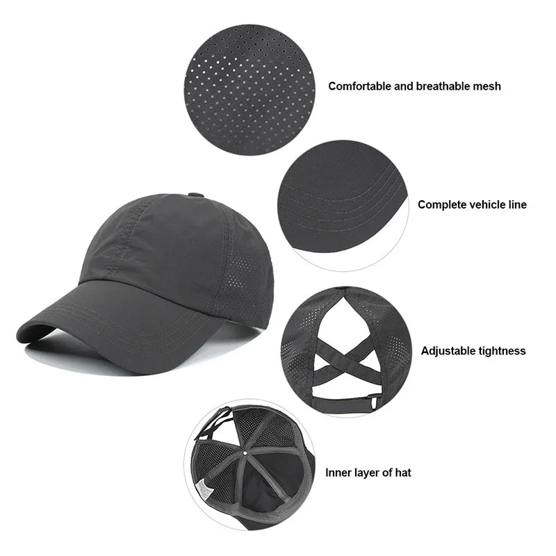 Women Summer Baseball Cap Solid Color Cross Ponytail Hat Quick-Drying Half-Hollow Men Caps Golf Wear Sport Leisure Hat 6 Colors