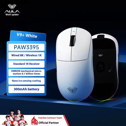 Aula V9 Ultra bezdrôtová e-športová herná myš Double 8k 3mode PAW 3950 8k, 55g, ľahká ergonomická myš, prispôsobiteľné príslušenstvo k PC