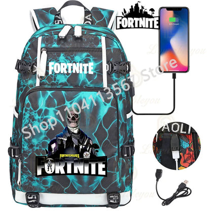 Ultima Knight F-Fortnited Battle Royale Backpack with USB Charging Anime Figures Study Stationery Compartment for Students