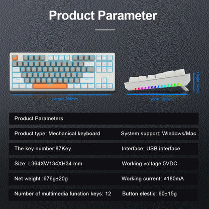 E-YOOSO K620 USB Mechanical Gaming Keyboard Wired Blue Red Switch Monochrome LED Backlit 87 Key for Compute Laptop PC