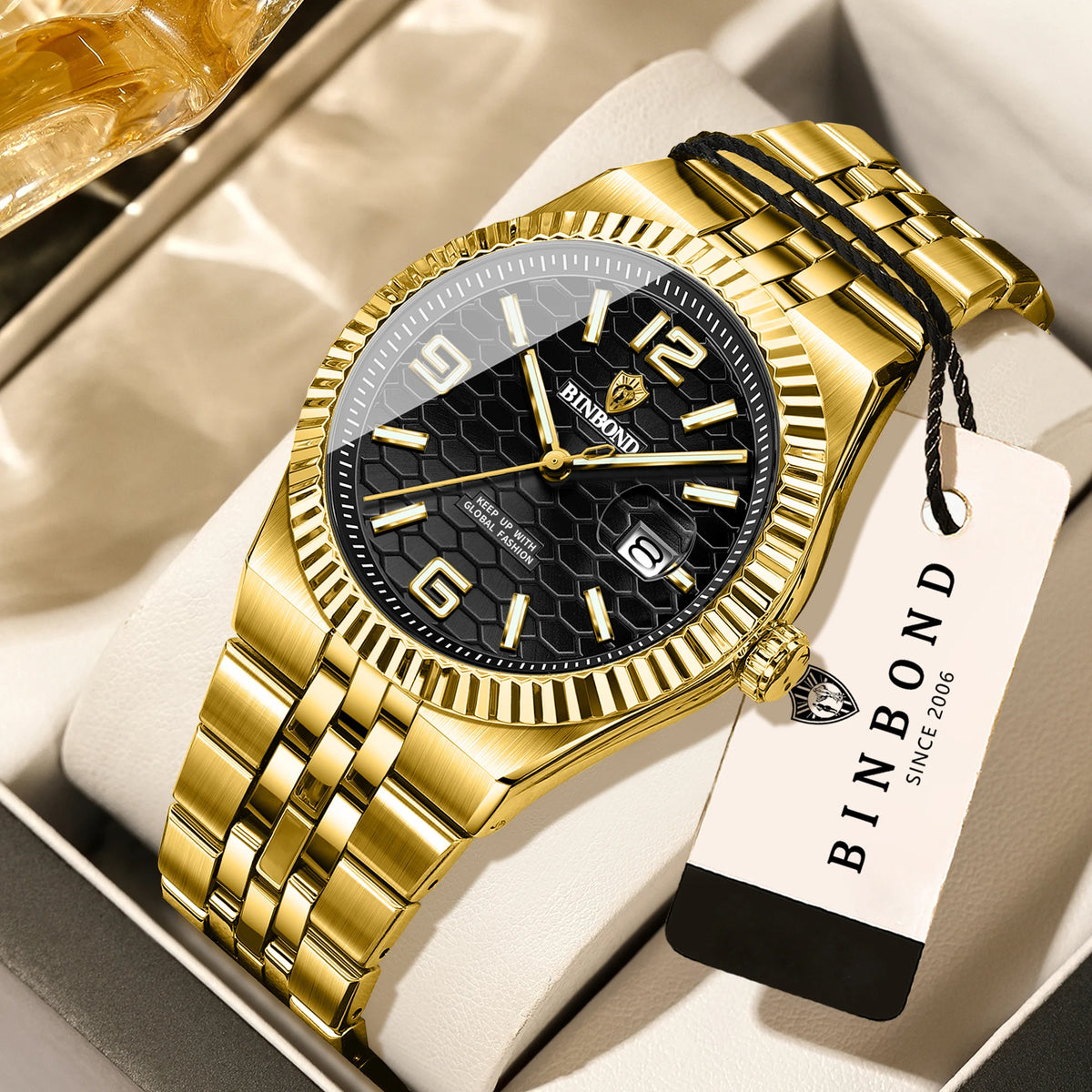 Luxus-Quarz-Armbanduhr von BINBOND, beleuchtet, wasserdicht, mit automatischem Datumsanzeige, für Herren, aus Edelstahl, im Business-, Sport-, Mode- und Freizeit-Stil.