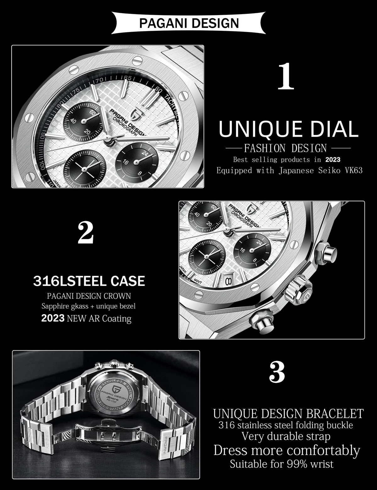 2025 PAGANI DESIGN PD1707 Mens Quartz Wristwatches 40MM Stainless Steel Sapphire Glass Waterproof Luxury Clock Gift Reloj Hombre