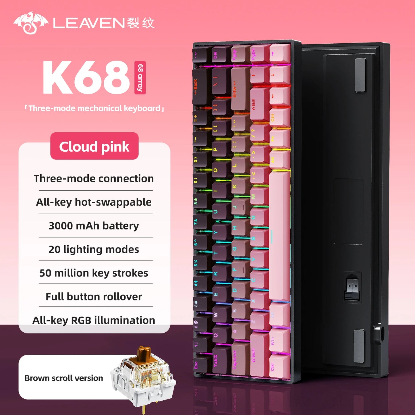 K68    68Key Wireless Mechanical Keyboard Tri-mode Connection,Full Key Hot Swap,RGB lighting Effects,Gasket Muffler Structure, L