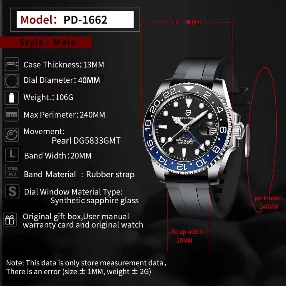 PAGANI DESIGN 40mm GMT Men's Mechanical Watches Rubber Strap Rotating Bezel 100 Waterproof Sports Wristwatch Mens Business Clock