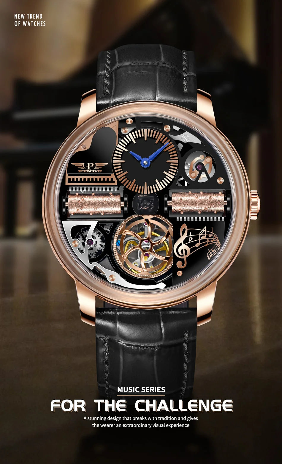 2025 NEUE PINDU Design Music Series Herrenuhr mit mechanischem Uhrwerk, Edelstahl, Saphirglas, luxuriöse automatische Uhr mit skelettiertem Design