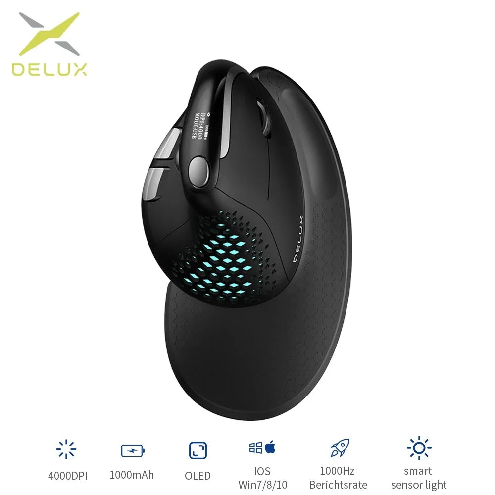 DELUX M618XSD Ergonomic Vertical Mouse with OLED Screen, 4000 DPI, Rechargeable 1000mAh Battery, Wireless & Wired Computer Mouse
