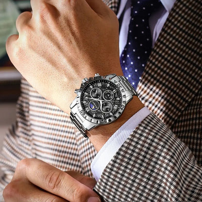 Montre homme de luxe POEDAGAR, étanche, lumineuse, en acier inoxydable, à quartz, chronographe, style militaire.