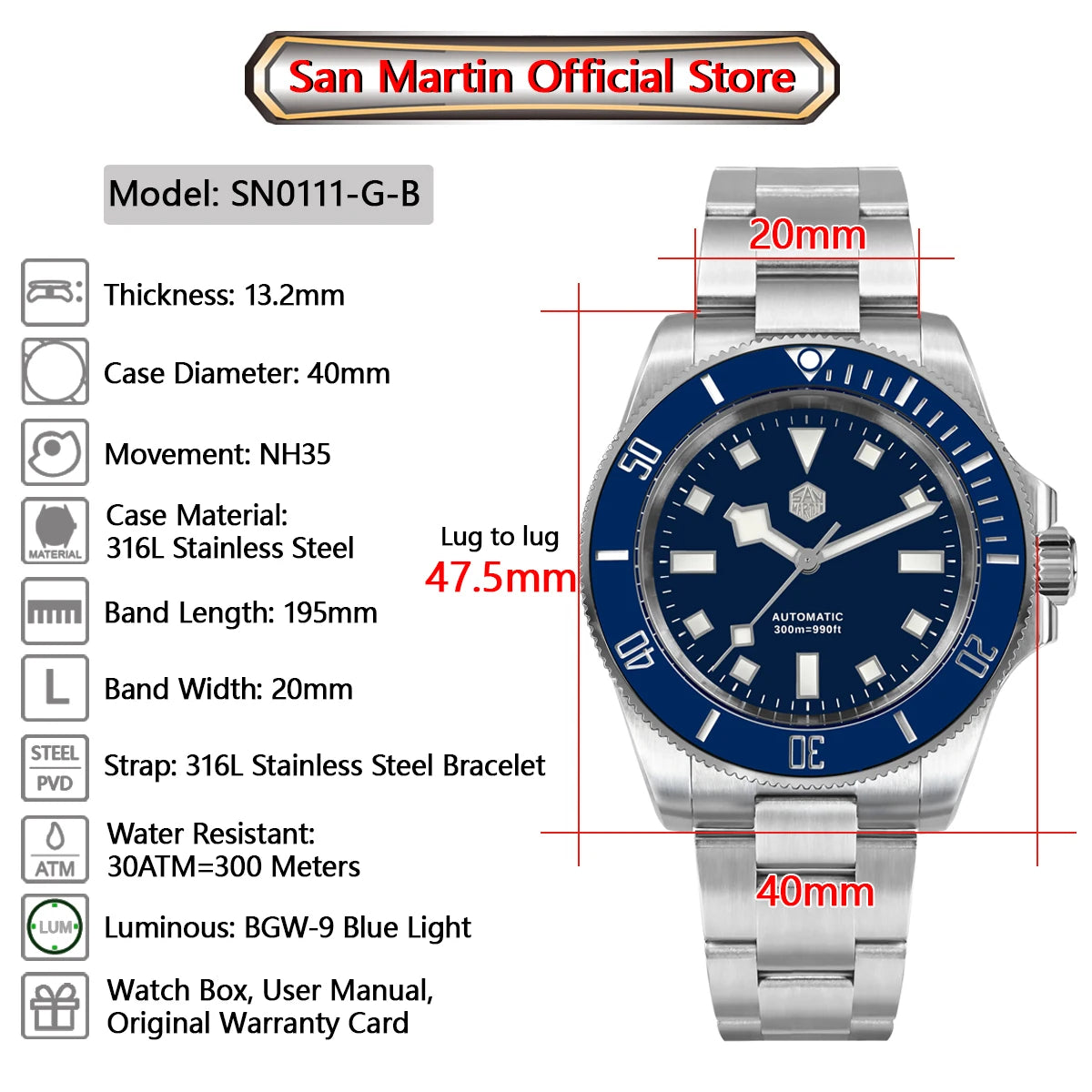 San Martin 40mm Stainless Steel Classic Men Diver Watch Japan NH35 Automatic Mechanical Sapphire Waterproof 300m SN0111