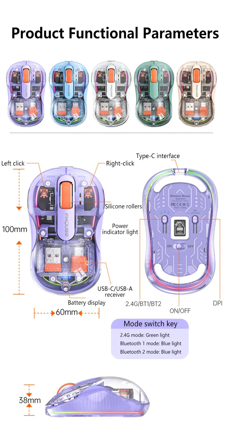 Lenovo Transparent Wireless Mouse Tri-Mode Bluetooth 5.0 & 2.4G Rechargeable RGB Mouse, Ergonomic Silent Wireless Mouse for Laptop, PC & Office