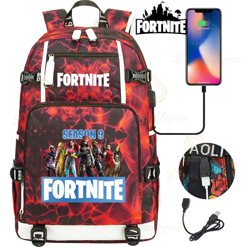 Ultima Knight F-Fortnited Battle Royale Backpack with USB Charging Anime Figures Study Stationery Compartment for Students