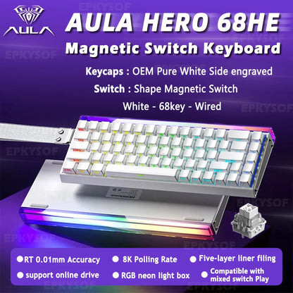 AULA HERO 68HE Magnetic Switch Keyboard RGB Gaming Mechanical Keyboard, 8K Rapid Trigger Wired Gaming Keyboard with Hot-Swappable Magnetic Switches, PBT Keycaps, 68-Key Esports Keyboard