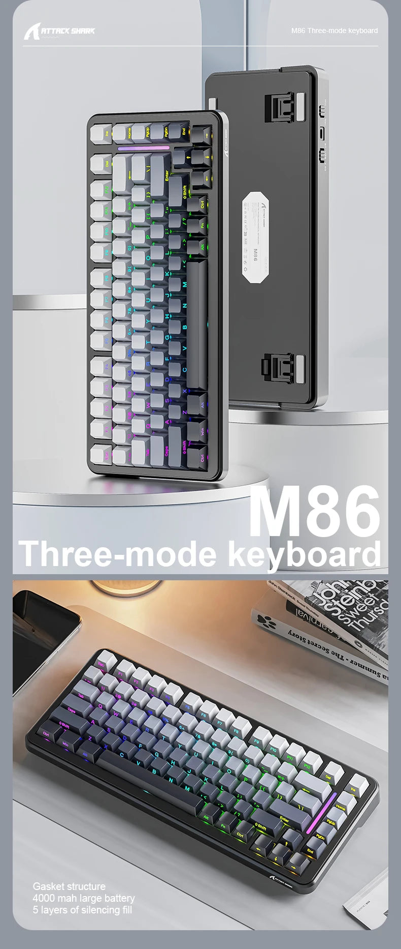 Attack Shark M86 Wireless Mechanical Keyboard 75% Compact RGB Backlit Hot-Swappable Side-Printed PBT Keycaps Tri-Mode 4000mAh