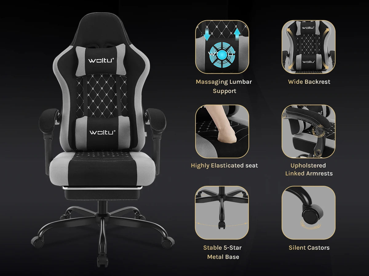 WOLTU snurrbar datorstol med massagefunktion, ergonomisk kontorsstol med kudde och fotstöd, höjdjusterbar gamingstol