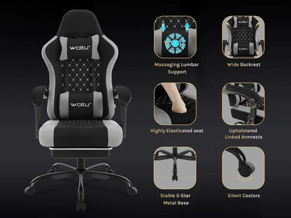 WOLTU snurrbar datorstol med massagefunktion, ergonomisk kontorsstol med kudde och fotstöd, höjdjusterbar gamingstol