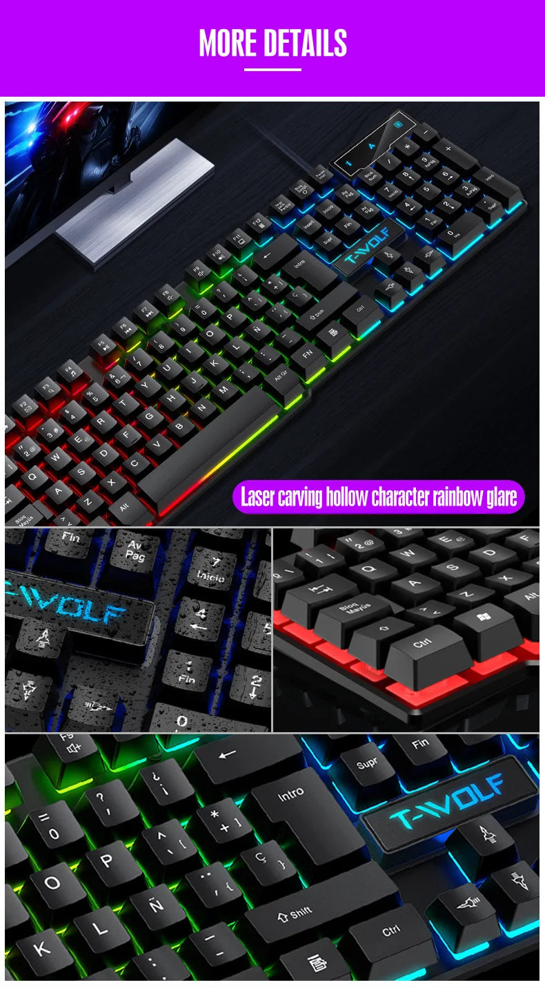 Teclado gaming con sensación mecánica, retroiluminación RGB, teclado con cable USB para oficina y hogar, teclas multimedia, ruso, español, árabe e inglés