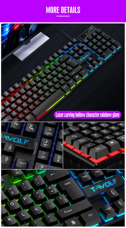 Teclado gaming con sensación mecánica, retroiluminación RGB, teclado con cable USB para oficina y hogar, teclas multimedia, ruso, español, árabe e inglés