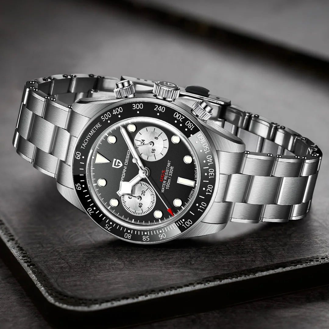 Pánske hodinky PAGANI DESIGN „Panda“ – luxusný quartzový chronograf, vodotesné, zafírové sklo s antireflexnou úpravou, športové hodinky s luminiscenčným ciferníkom