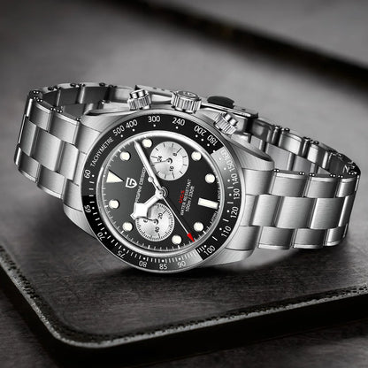 Pánske hodinky PAGANI DESIGN „Panda“ – luxusný quartzový chronograf, vodotesné, zafírové sklo s antireflexnou úpravou, športové hodinky s luminiscenčným ciferníkom