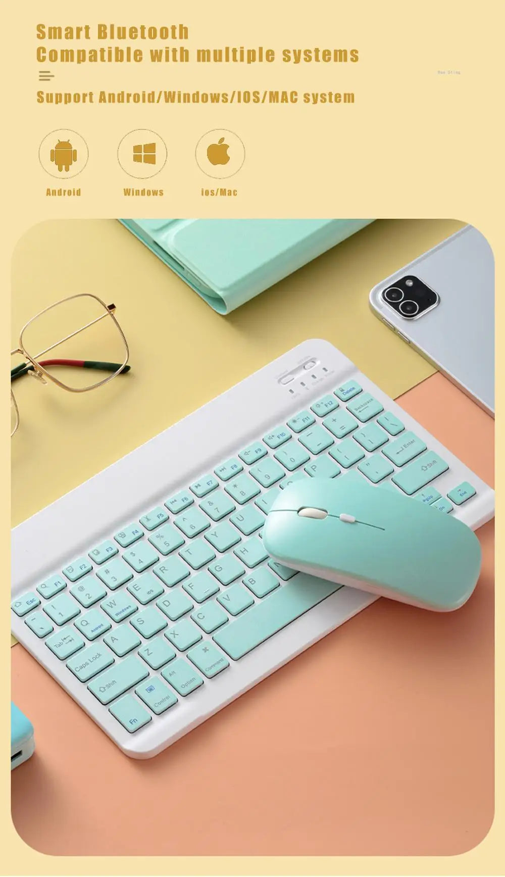 Spanish Russian Arabic Korean Portable 10 Inch Wireless Keyboard and Keyboard Set for iPad Samsung Tablet Laptop iOS Android