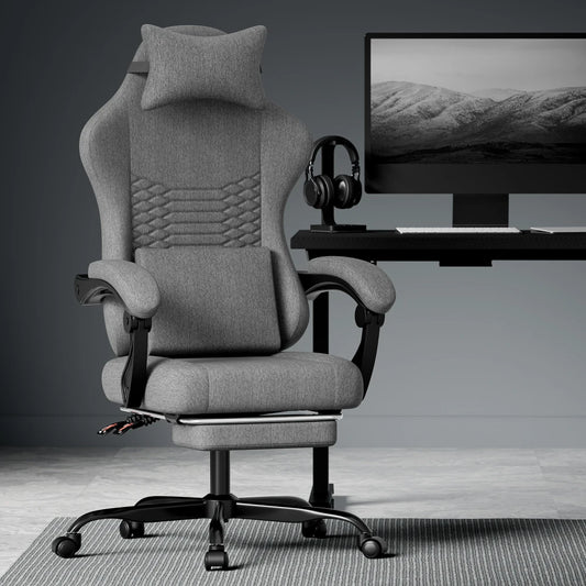 Ergonomic Fabric Gaming Chair with Massage, Footrest & Headrest, Racing Style Gaming Chair for Office, Computer Desk & Relaxation