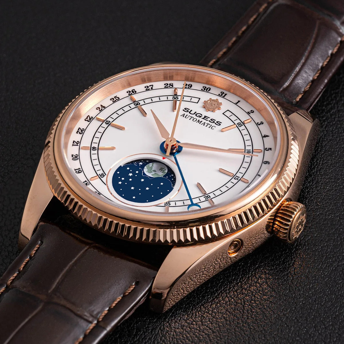 Sugess 40mm Watch of Men Moonphase Automatic ST2108 Movement Sapphire Crystal Mechanical Wristwatches Waterproof Date 2024 New