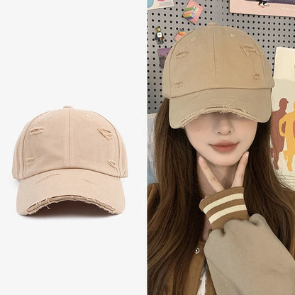 Casquette hip-hop polyvalente pour homme et femme, nouvelle collection printemps-été, à visière incurvée, style rétro, effet usé, avec trou et bord en bec de canard
