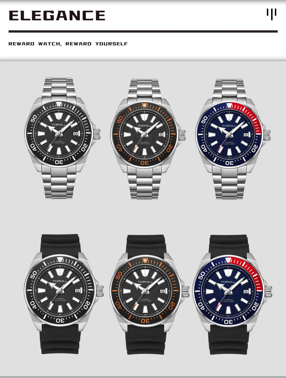 TOPHILL 43.5mm Professional Dive Watch Automatic NH35 Movement Sapphire 300M Waterproof Super Luminous Diving Men's Wristwatches