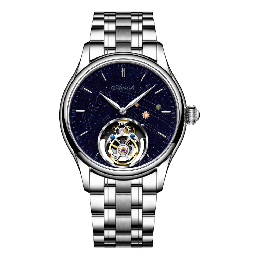 AESOP Mens Mechanical Wristwatches Flying Tourbillon Movement Skeleton Watch for Men Man Luxury Clocks Real Tourbillon Watch