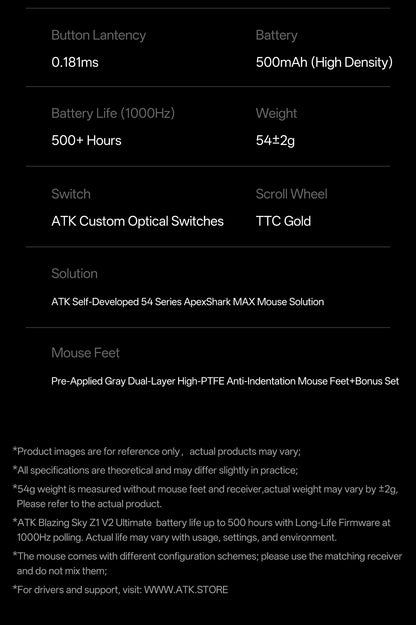 ATK Blazing Sky Z1 V2 Ultimate Ασύρματο Ποντίκι PAW3950 Ultra Dual 8K Gaming Ποντίκι Εργονομικό, Ιδανικό για Μεσαίο έως Μεγάλο Χέρι