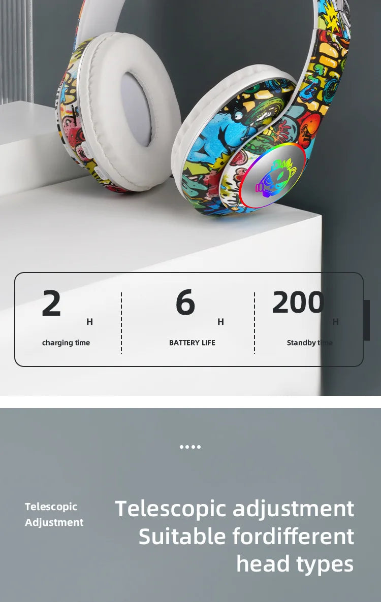 New Graffiti Wireless Bluetooth Gaming Headset LX-8686 with Mic, LED Light, TF Card Support, Deep Bass Over-Ear Headphones for PC, Gaming & Kids