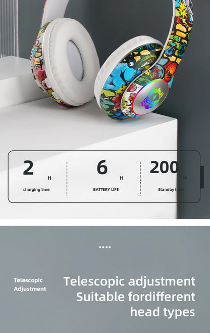 New Graffiti Wireless Bluetooth Gaming Headset LX-8686 with Mic, LED Light, TF Card Support, Deep Bass Over-Ear Headphones for PC, Gaming & Kids