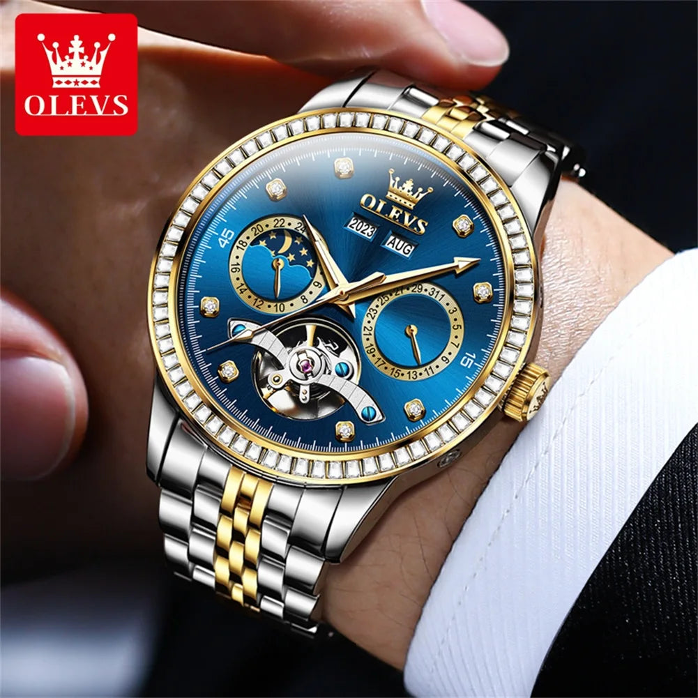 OLEVS 7016 Automatic Man Watch Stainless Steel Diamond Bezel Skeleton Flywheel Moon Phase Luminous Waterproof Mechanical Watches