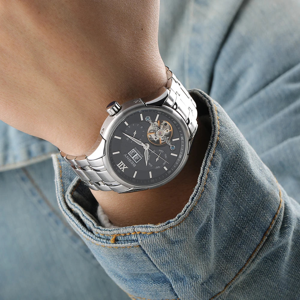 BERNY Automatic Watch for Men Auto Self-wind Mechanical Watches Date Skeleton 5ATM Luxury Male Wristwatches