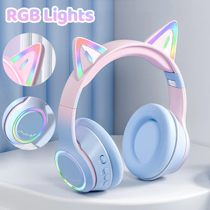 RGB Cat Ear Bluetooth Headphones Wireless Kids Headset with Microphone, Gradient LED Light Gaming Headphones, Stereo Music Bluetooth 5.3 Earphones for Girls
