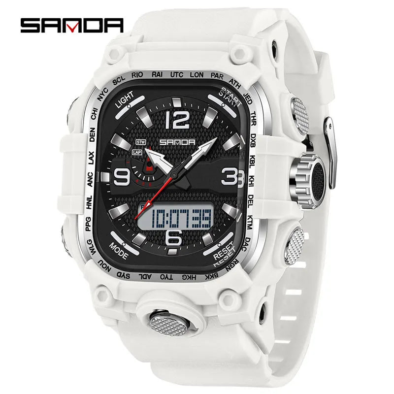 SANDA 6310 Men's Electronic Watch Multifunctional Luminous Alarm Clock Calendar Stopwatch Dual Display Digital Watches for Man