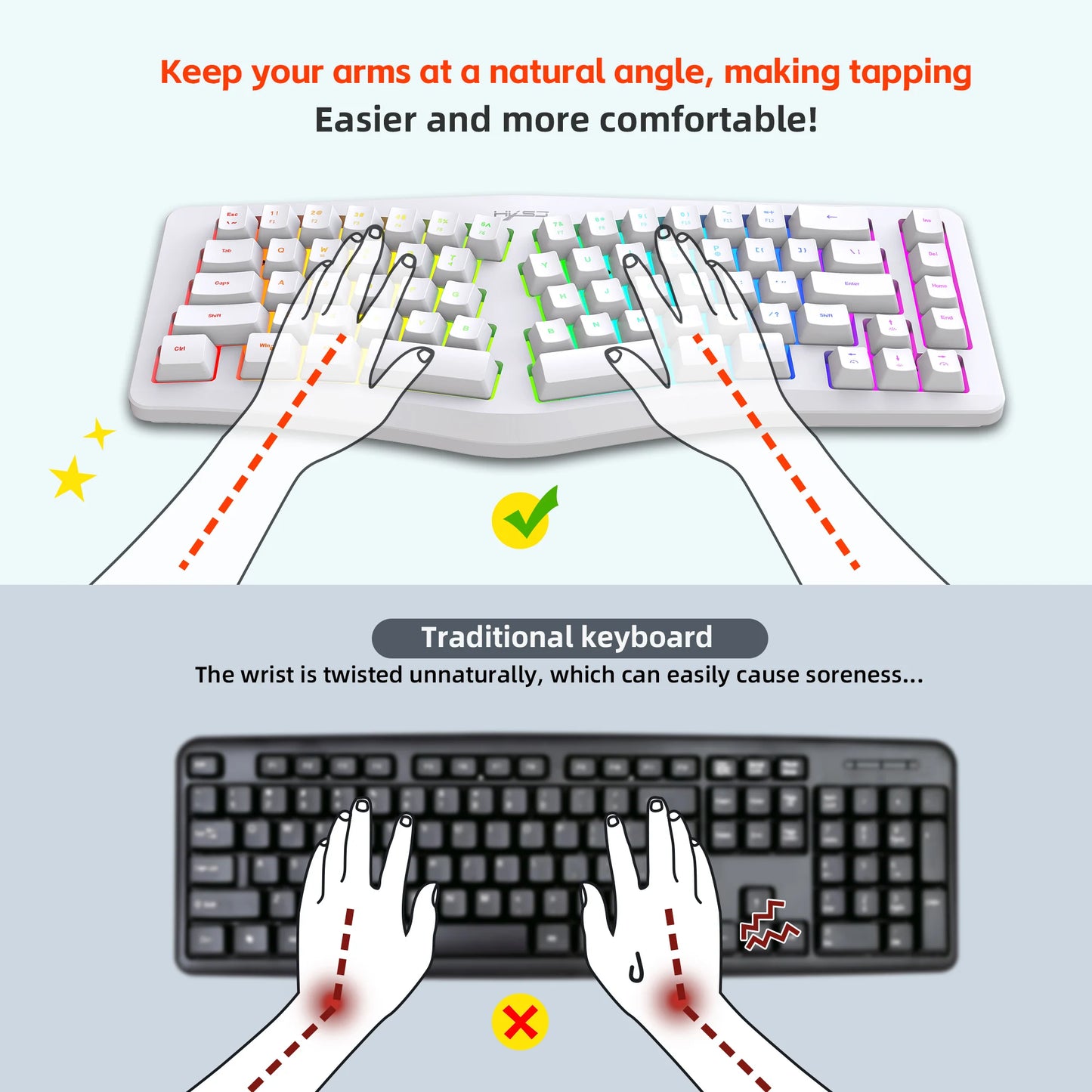 69 Key Wired Ergonomic Gaming Keyboard Silent Irregular RGB Backlit Keyboard for Windows Linux Home Office Game PC