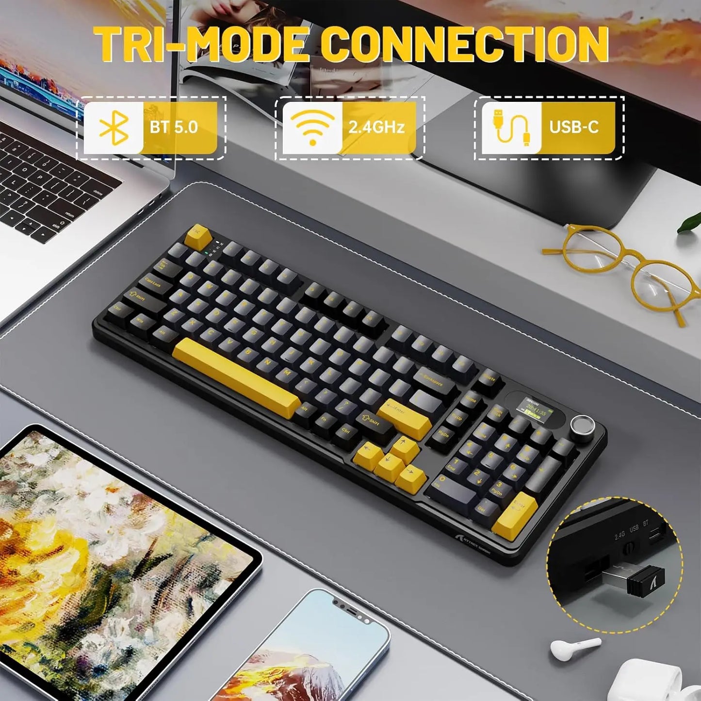 ATTACK SHARK X98PRO Wireless Mechanical Keyboard, Gasket Hot Swappable, PBT Keycaps, LED matrix screen,4000mAh