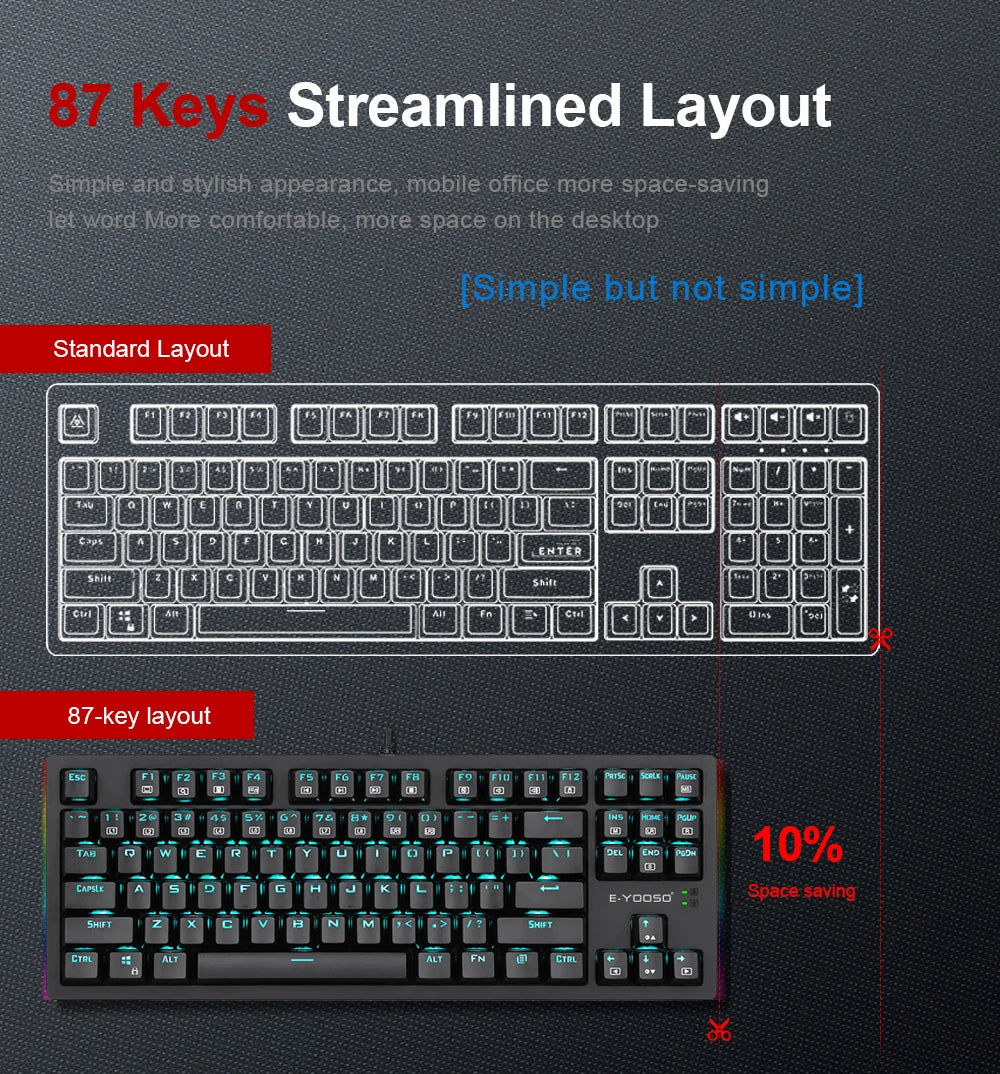 E-YOOSO K620 USB Mechanical Gaming Keyboard Wired Blue Red Switch Monochrome LED Backlit 87 Key for Compute Laptop PC