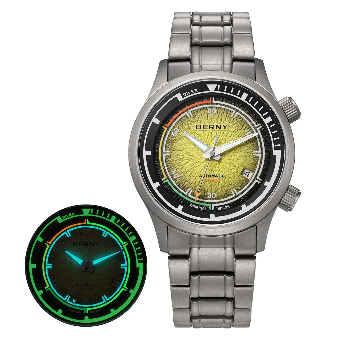 BERNY Automatic Diving Watches for Men Full Titanium Lightweight Super Luminous Mechanical Men's Diver Watch 20ATM Sapphire