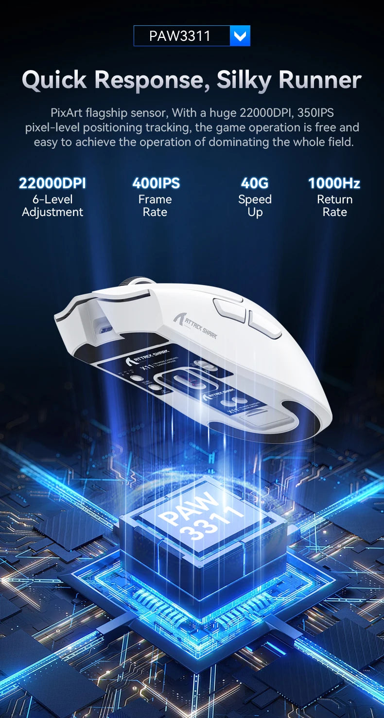 ATTACK SHARK X11 trojrežimová ľahká herná myš s PAW3311,22000DPI,400IPS,40G,59g,magnetickým rýchlonabíjaním,RGB podsvietením