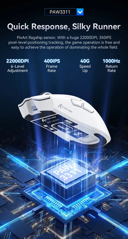ATTACK SHARK X11 trojrežimová ľahká herná myš s PAW3311,22000DPI,400IPS,40G,59g,magnetickým rýchlonabíjaním,RGB podsvietením