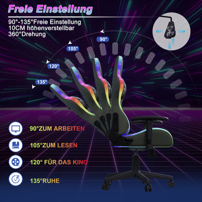 Rosahqnda Gaming Chair with Massage Function, LED Lights, Ergonomic Gaming Chair, Adjustable Reclining Computer Chair with Lumbar Support, Headrest & 150KG Capacity