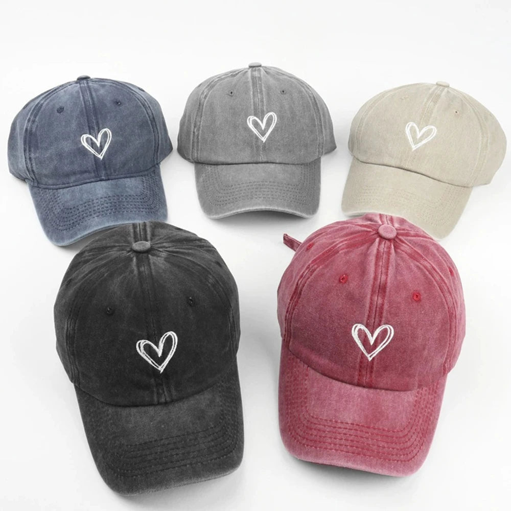 Peach Heart Embroidery Baseball Cap Washed Old Spring Summer Hat Women Men Couple Soft Top