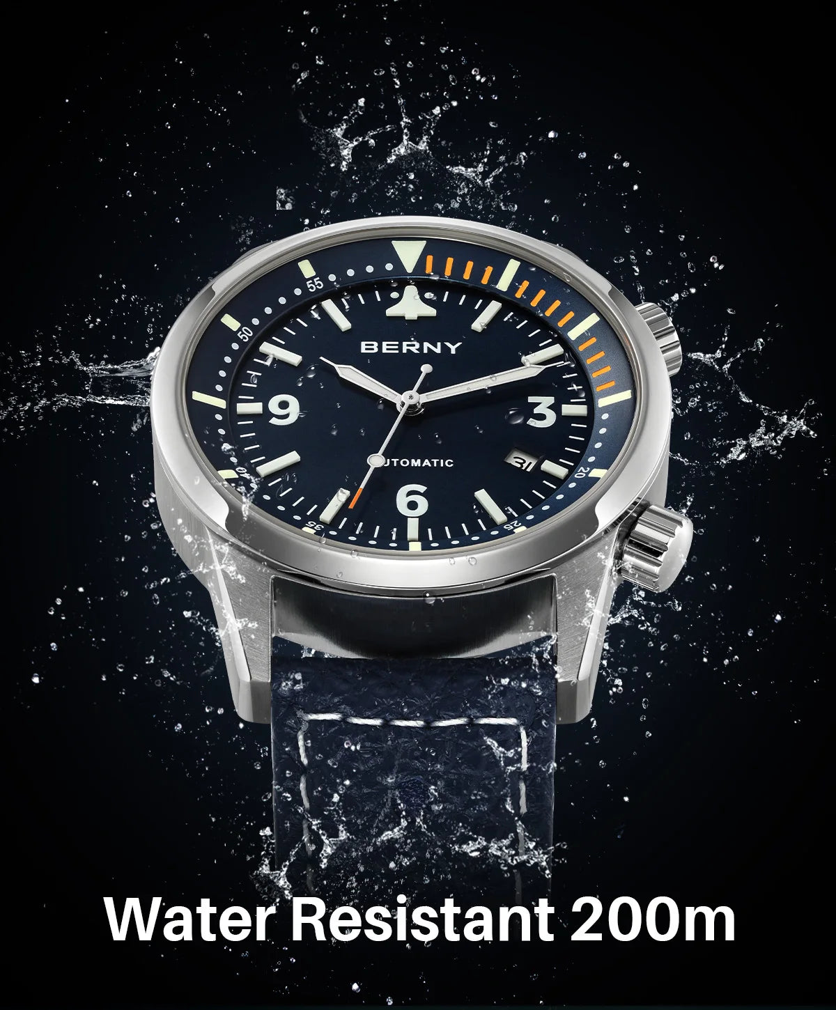 BERNY Men's Automatic Diver Watch Supper Luminous Sapphire AR Coated MlYOTA 8215 Leather Strap Mechanical Diving Watches for Men