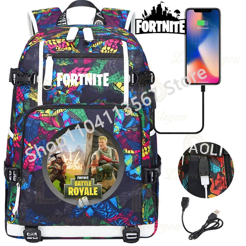 Ultima Knight F-Fortnited Battle Royale Backpack with USB Charging Anime Figures Study Stationery Compartment for Students