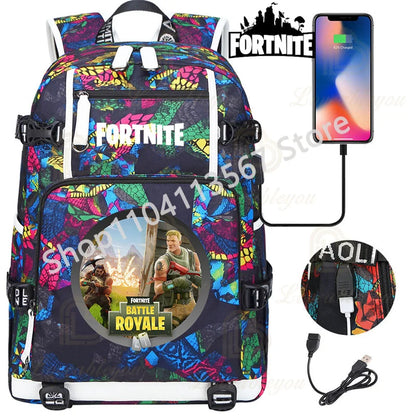 Ultima Knight F-Fortnited Battle Royale Backpack with USB Charging Anime Figures Study Stationery Compartment for Students
